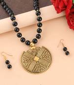Designer Fancy Look Gold Oxidised Pendant Black Pearl Mala Set For Women Girl