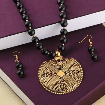 Designer Fancy Look Gold Oxidised Pendant Black Pearl Mala Set For Women Girl 2