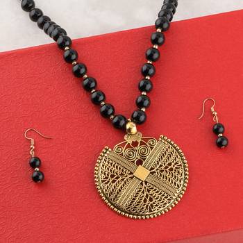 Designer Fancy Look Gold Oxidised Pendant Black Pearl Mala Set For Women Girl 3