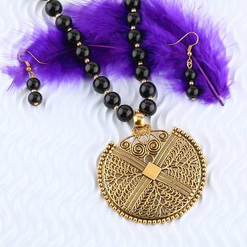 Designer Fancy Look Gold Oxidised Pendant Black Pearl Mala Set For Women Girl 4