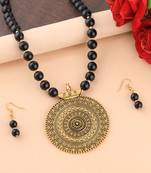 Designer Gold Oxidised Traditional Big Pendant Black Pearl Mala Set For Women Girl
