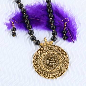 Designer Gold Oxidised Traditional Big Pendant Black Pearl Mala Set For Women Girl 4