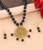 Delicate  Gold Oxidised Pendant Black Pearl Mala Set For Women Girl