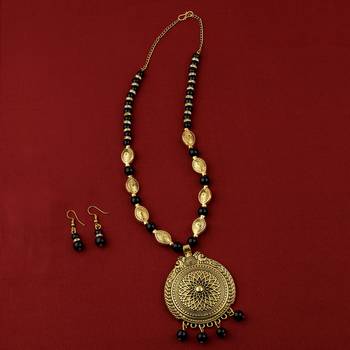 Ethic Designer Adjustable Gold Oxidised Pendant Black Pearl Mala Set For Women Girl 1