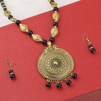 Ethic Designer Adjustable Gold Oxidised Pendant Black Pearl Mala Set For Women Girl 2