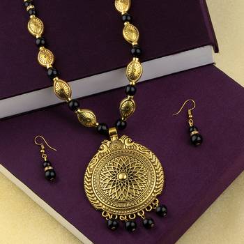 Ethic Designer Adjustable Gold Oxidised Pendant Black Pearl Mala Set For Women Girl 3
