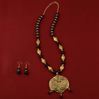 Attractive Adjustable Charm  Gold Oxidised Pendant Black Pearl Mala Set For Women Girl 1