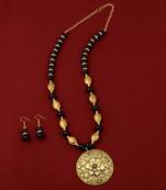 Stylish Designer Mala  Adjustable Gold Oxidised Big Pendant Black Pearl Set For Women Girl