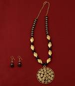 Designer Adjustable Gold Oxidised Flower Pendant Black Pearl Mala Set For Women Girl