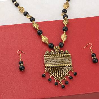 Designer Adjustable Fancy Look Gold Oxidised Pendant Black Pearl Mala Set For Women Girl 2