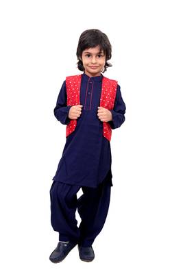 Blue Plain Cotton Knitted Boys Kurta Pyjama 1