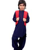 Blue Plain Cotton Knitted Boys Kurta Pyjama