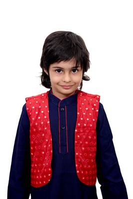 Blue Plain Cotton Knitted Boys Kurta Pyjama 2