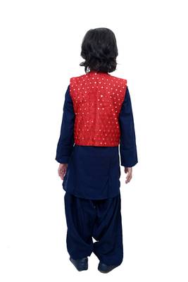 Blue Plain Cotton Knitted Boys Kurta Pyjama 3