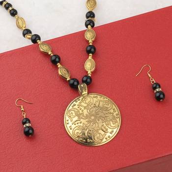 Adjustable  Different Gold Oxidised Pendant Black Pearl Mala Set For Women Girl 2