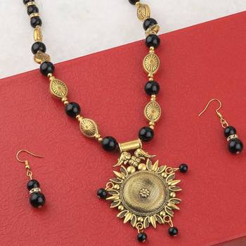 Ethic Designer Adjustable Gold Oxidised Pendant Black Pearl Mala Set For Women Girl 2