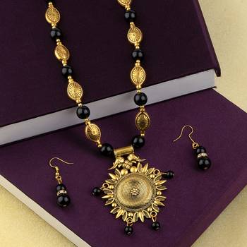 Ethic Designer Adjustable Gold Oxidised Pendant Black Pearl Mala Set For Women Girl 3