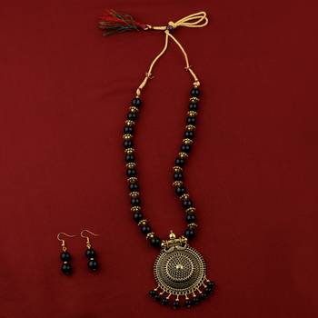 Delicate  Adjustable Gold Oxidised Pendant Black Pearl Mala Set For Women Girl 1