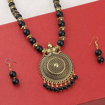 Delicate  Adjustable Gold Oxidised Pendant Black Pearl Mala Set For Women Girl 2