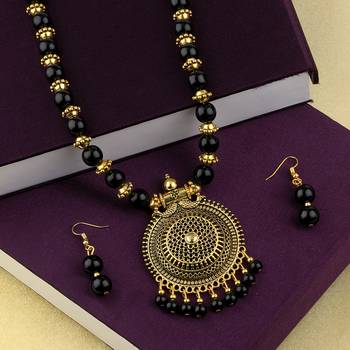 Delicate  Adjustable Gold Oxidised Pendant Black Pearl Mala Set For Women Girl 3