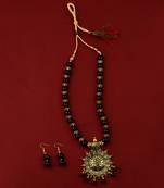 Designer Adjustable Gold Oxidised Pendant Black Pearl Mala Set For Women Girl