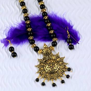 Designer Adjustable Gold Oxidised Pendant Black Pearl Mala Set For Women Girl 4