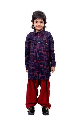 Blue Plain Cotton Knitted Boys Kurta Pyjama 1
