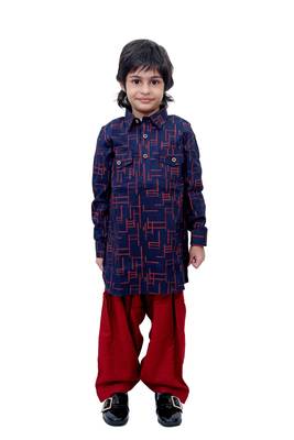 Blue Plain Cotton Knitted Boys Kurta Pyjama 2