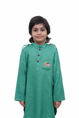 Green Plain Cotton Knitted Boys Kurta Pyjama 1