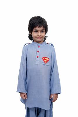 Grey Plain Cotton Knitted Boys Kurta Pyjama 2