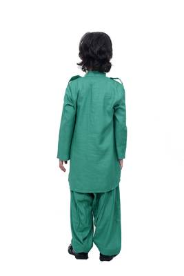Green Plain Cotton Knitted Boys Kurta Pyjama 2