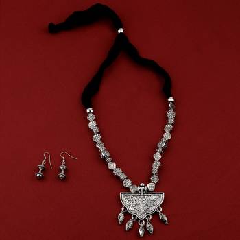 Silver Oxidised Attractive Adjustable Pendant Mala Set For Women Girl 1