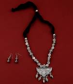 Silver Oxidised Attractive Adjustable Pendant Mala Set For Women Girl