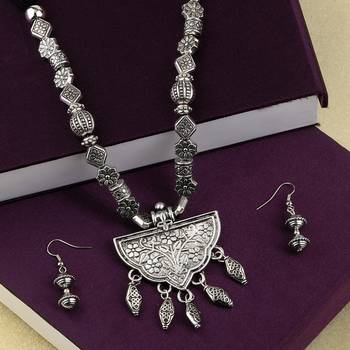 Silver Oxidised Attractive Adjustable Pendant Mala Set For Women Girl 3