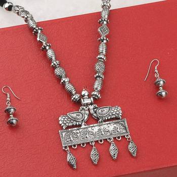 Silver Oxidised Designer Adjustable Peacock Pendant Stylish Mala For Women Girl 2
