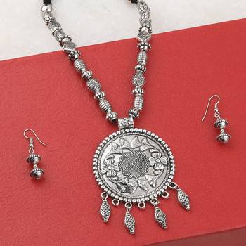 Silver Oxidised Adjustable Attractive Pendant Mala Set For Women Girl 2