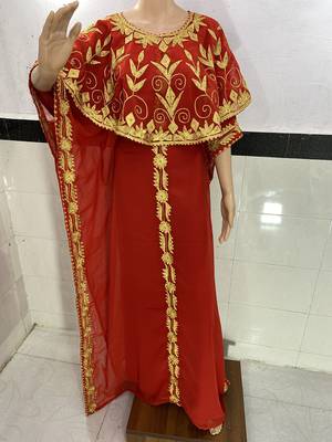 Red Aari Work Stones & Beads Embellish Georgette Islamic Style Arabian Maxi Partywear Kaftan 1