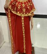 Red Aari Work Stones & Beads Embellish Georgette Islamic Style Arabian Maxi Partywear Kaftan