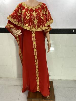 Red Aari Work Stones & Beads Embellish Georgette Islamic Style Arabian Maxi Partywear Kaftan 2