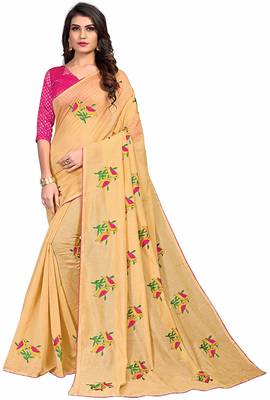 Cream printed cotton saree with blouse 1