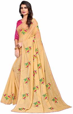Cream printed cotton saree with blouse 2