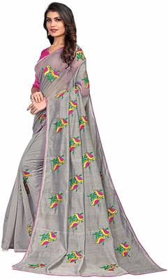 Grey printed cotton saree with blouse 1