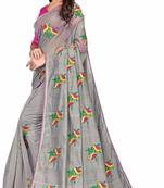 Grey printed cotton saree with blouse