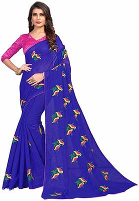 Blue printed cotton saree with blouse 1