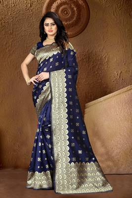 Blue Woven Banarasi Silk Saree With Blouse 4