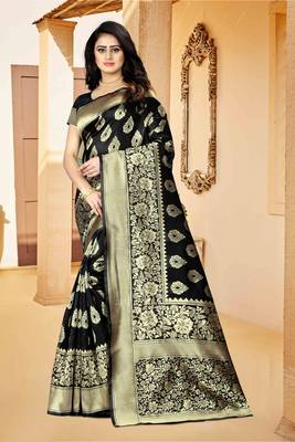 Black Woven Banarasi Silk Saree With Blouse 1