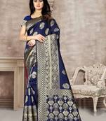 Blue Woven Banarasi Silk Saree With Blouse