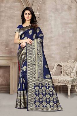 Blue Woven Banarasi Silk Saree With Blouse 3