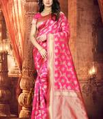 Pink Woven Banarasi Silk Saree With Blouse