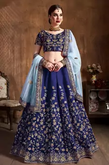 Navy Blue Dori, Badla And Sequins Embroidered Silk Bridal Lehenga
